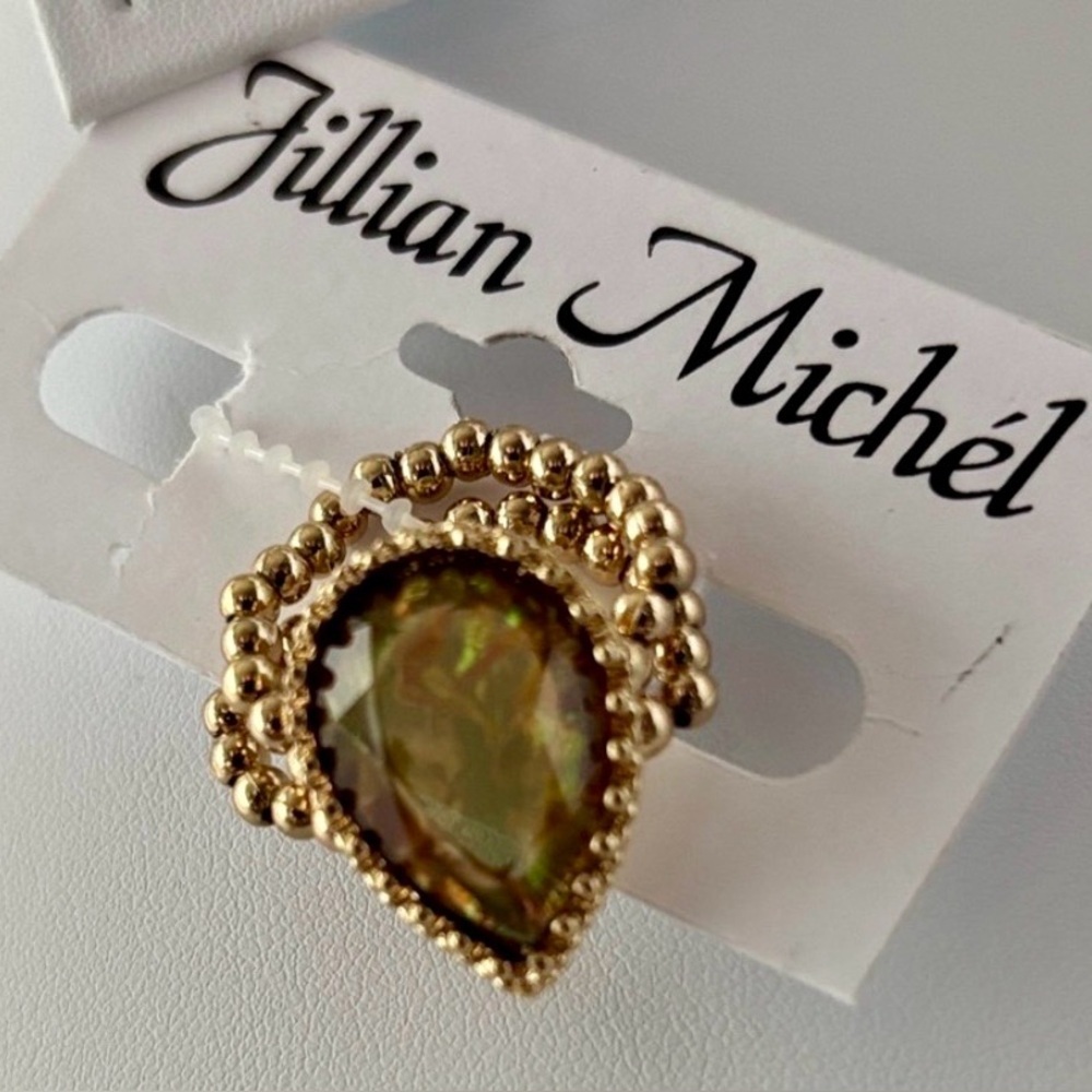 Jillian Michel Iridescent Teardrop acrylic stone,beaded stretch ring